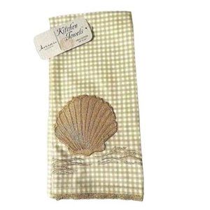 Artistic Accents Nautical Sea Shell Gold Lace Kitchen Towel Beach Cotton Tan NWT